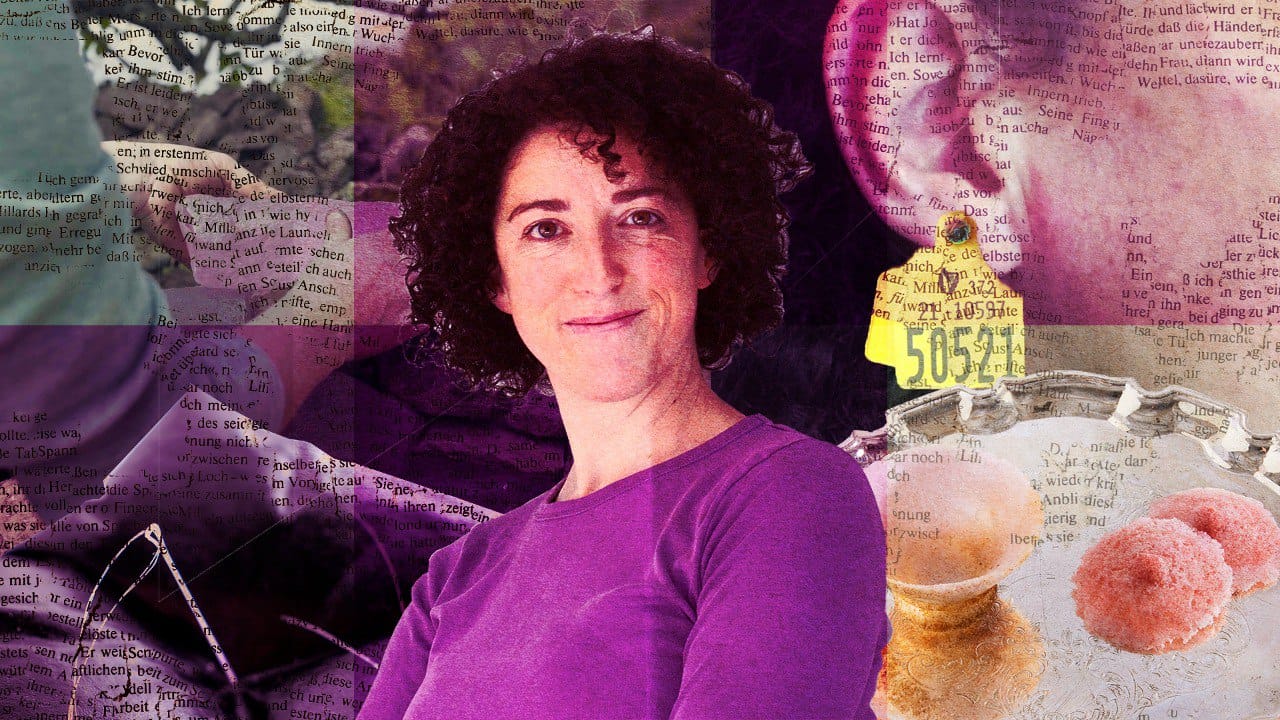 A collage of artist Áine Ryan and her work. Her headshot is in the centre, surrounded by samples of her work. There's a purple hue to the collage.