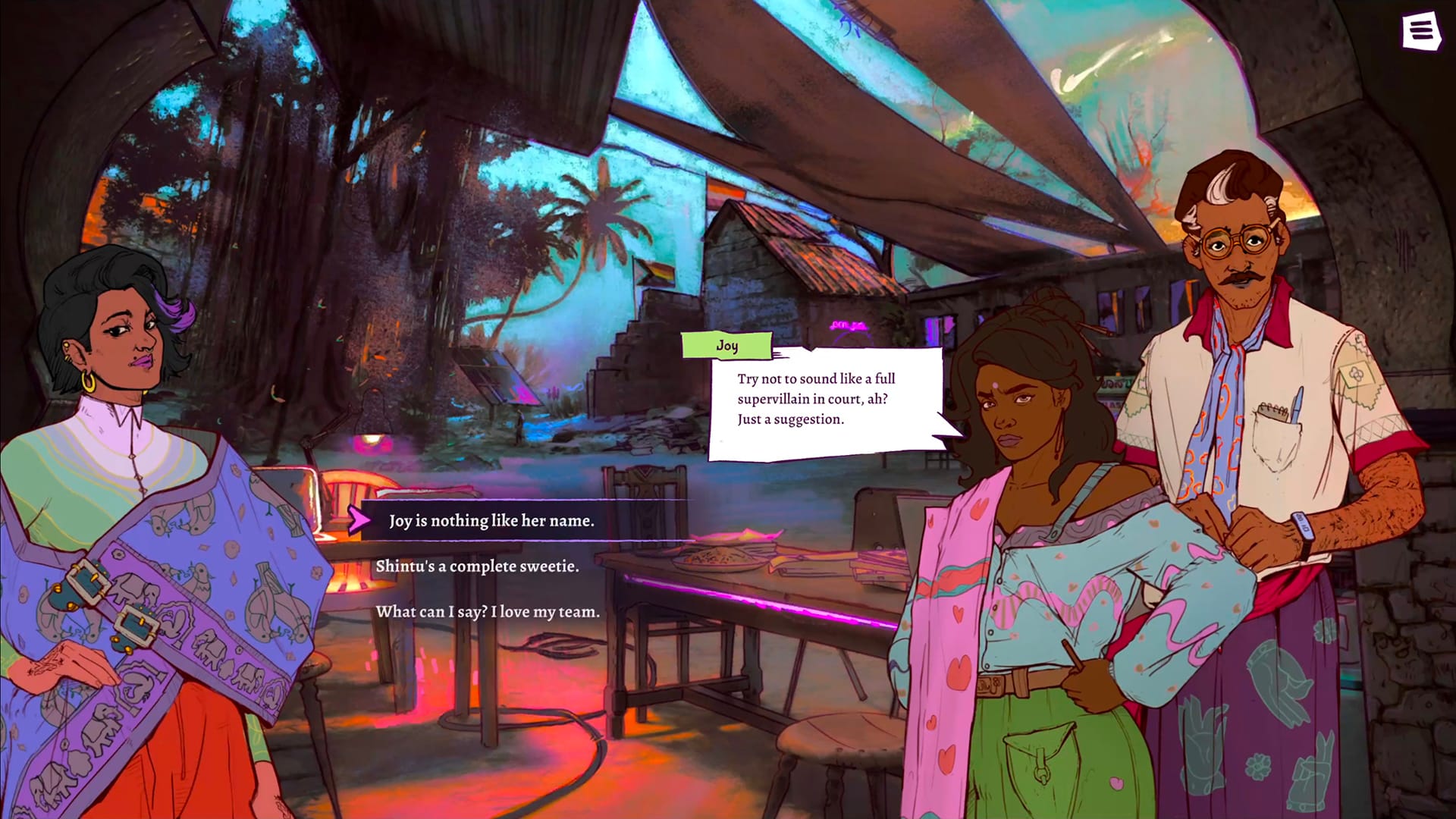 Kuyili stands on the left, with Joy and another character on the right. There's a discussion where Joy says not to act like a supervillain in court. Kuyili can respond with "Joy is nothing like her name".