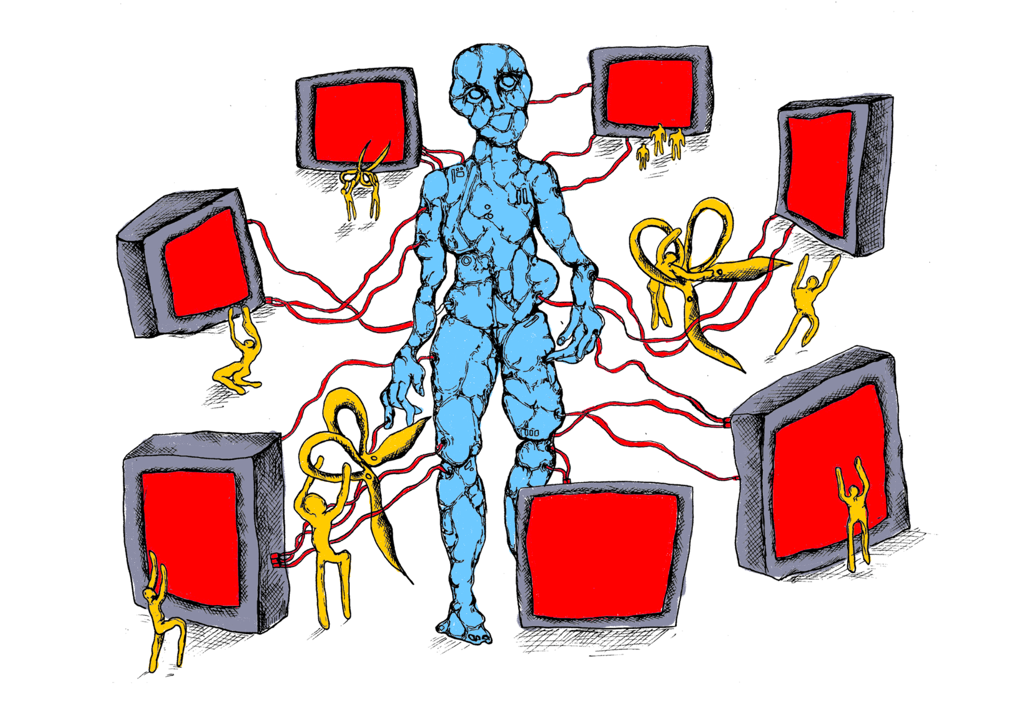 A humanoid blue creature is connected to many computer screens. Some of the smaller computers are off. Small people in yellow are cutting the connection between the blob and the computers.