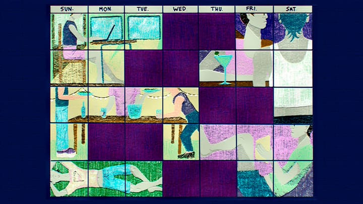 An illustration which is split into a grid, mimicking a calendar. The squares are filled with people doing different kinds of leisure activities.