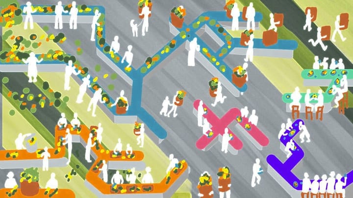 Coloured tables mimic a metro map. People are moving, preparing, and eating food at different locations on those tables.