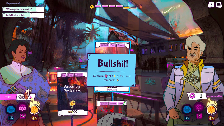 A screenshot of gameplay. There are characters on the left and right, they're outside near a building and some palm trees. Gameplay elements are in the centre.