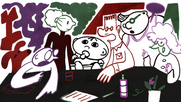 A diverse group of people debate at a table with a baby in the centre. There are different blocks of colour that fill in the empty space.