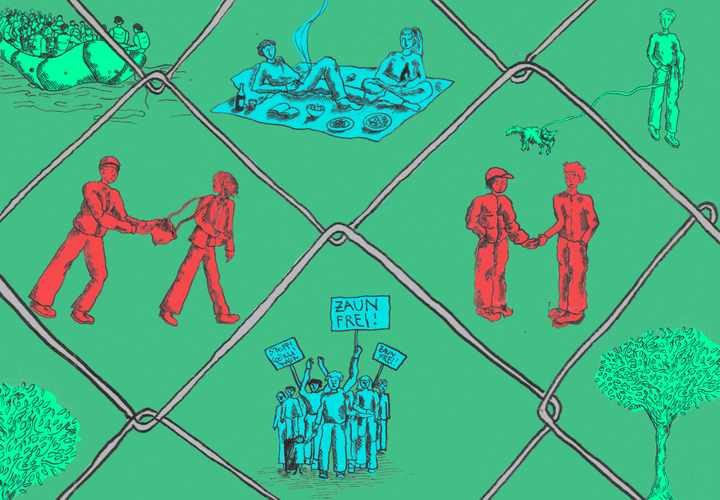 A wire fence in diamond shape separates different scenes. They range from people chilling in the park, through to migrating by sea or buying drugs.