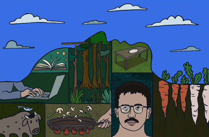 There's an outline of a man lying down and merging with the Earth. Inside the outline are different scenes like animals, the woods, a book etc. Outside the outline there's a blue sky.