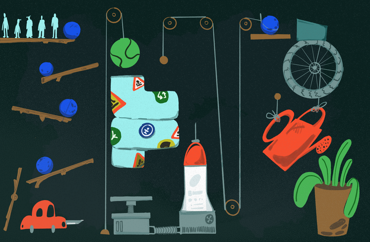 There's a set-up of a Rude Goldberg machine with many different parts to represent the idea that individual action leads to further system effects.