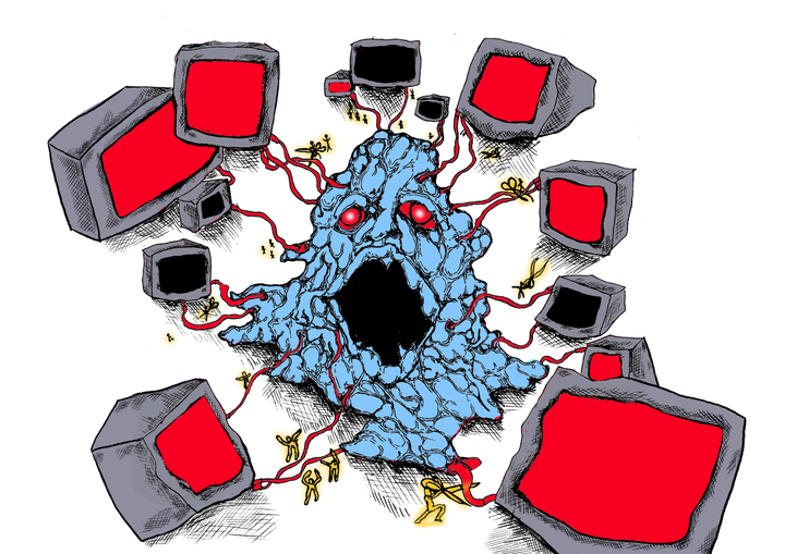 A monstrous blue blob is connected to many computer screens. Some of the smaller computers are off. Small people in yellow are cutting the connection between the blob and the computers.